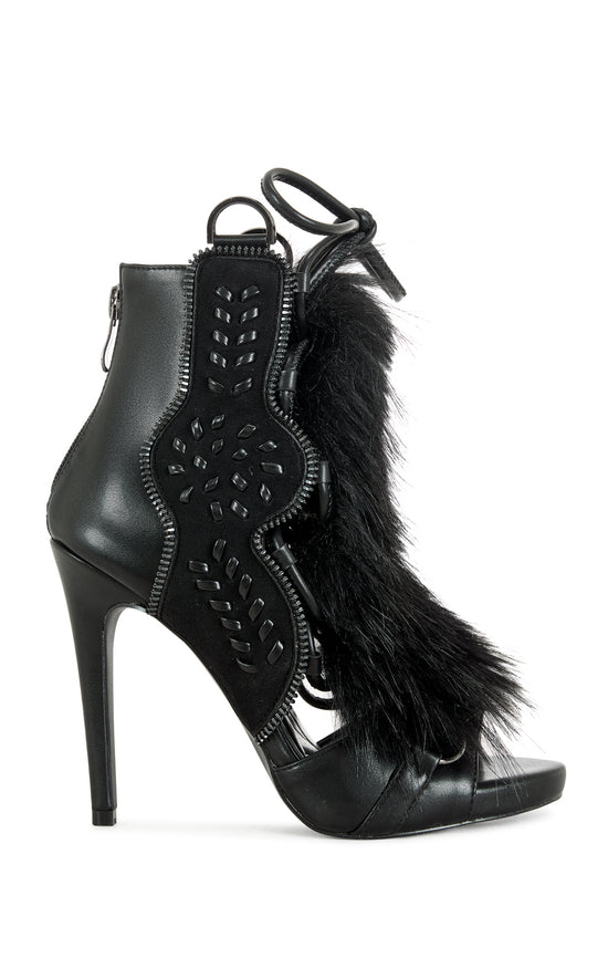 SHAINY-BLACK FAUX FUR GLADIATOR SANDAL BOOTIE