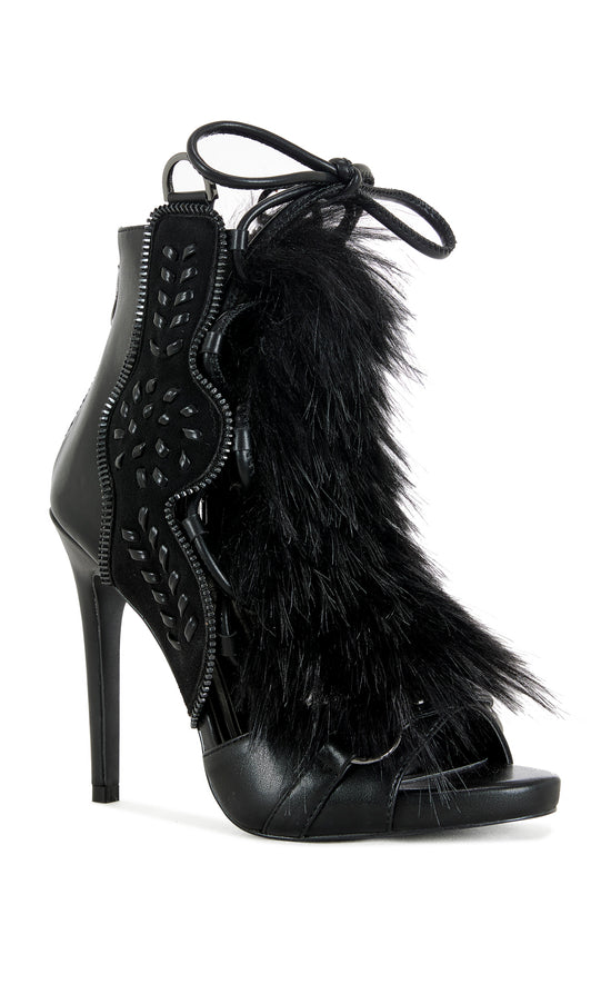 SHAINY-BLACK FAUX FUR GLADIATOR SANDAL BOOTIE