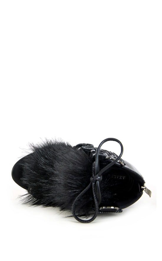SHAINY-BLACK FAUX FUR GLADIATOR SANDAL BOOTIE