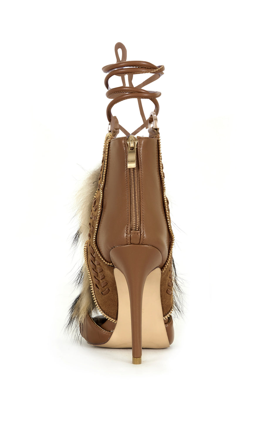 SHAINY-TAN TIE UP FAUX FUR STILETTO SANDAL