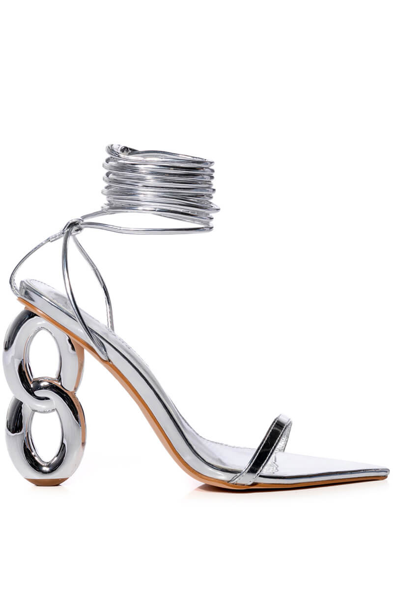 shiny metallic silver open toe heels with chunky circular chain heel and wrap up cords
