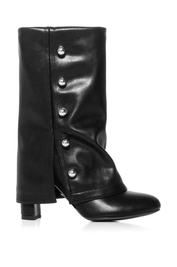 chic black faux leather booties with a fold over shaft and circular stud embellishments on the side