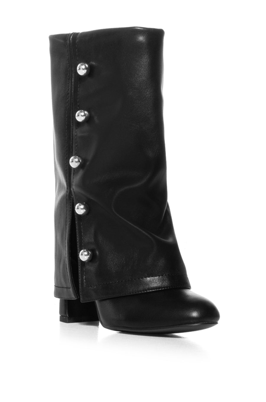 chic black faux leather booties with a fold over shaft and circular stud embellishments on the side