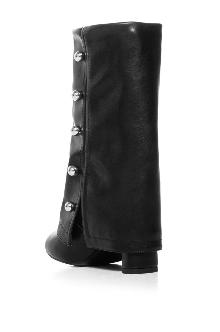 chic black faux leather booties with a fold over shaft and circular stud embellishments on the side