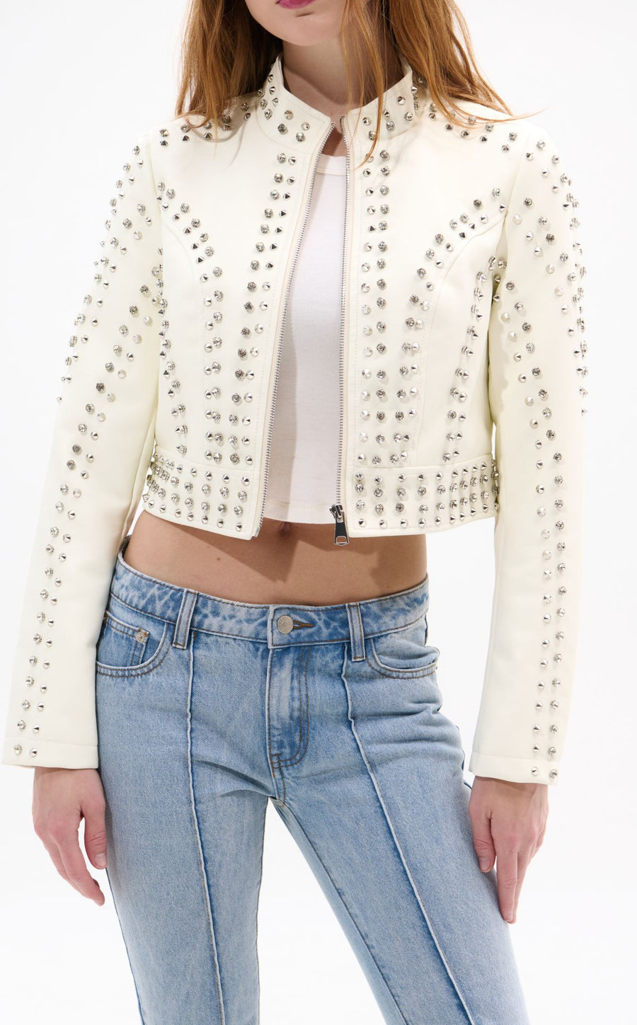 SILVIA-NEW WHITE CRYSTAL MOTO JACKET