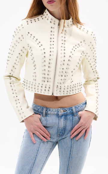 SILVIA-NEW WHITE CRYSTAL MOTO JACKET