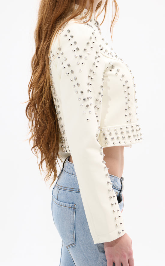 SILVIA-NEW WHITE CRYSTAL MOTO JACKET