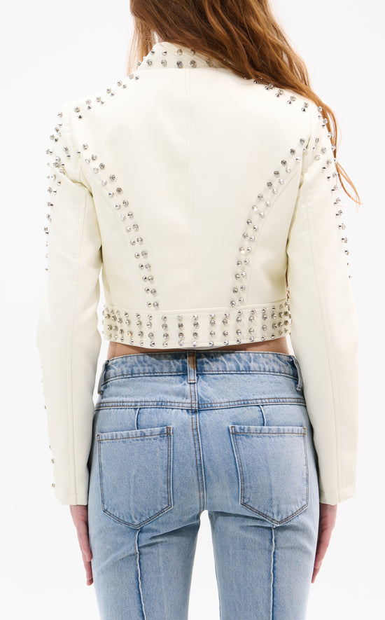 SILVIA-NEW WHITE CRYSTAL MOTO JACKET