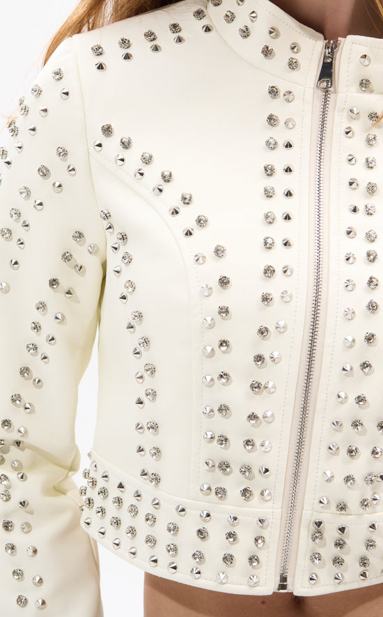SILVIA-NEW WHITE CRYSTAL MOTO JACKET