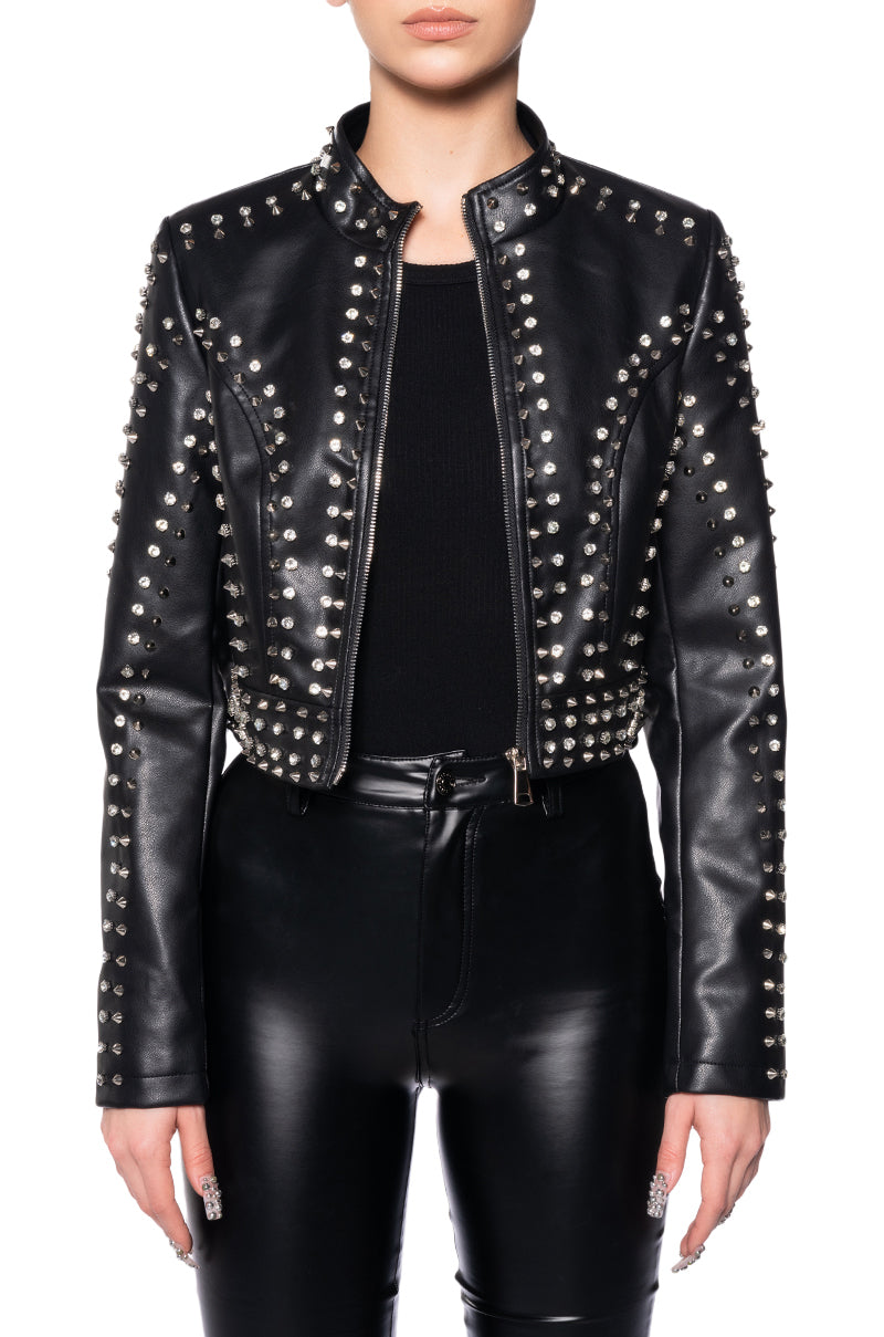 cropped black faux leather biker jacket