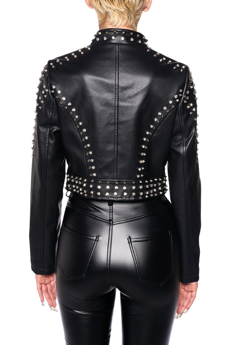 back view of cropped black faux leather biker jacket
