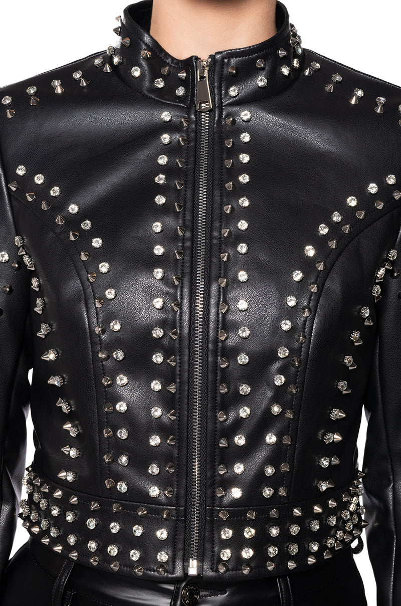 detail shot of cropped black faux leather biker jacket