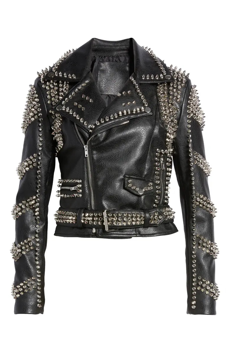 plus sized black faux leather moto jacket with striped stud detail on sleeves