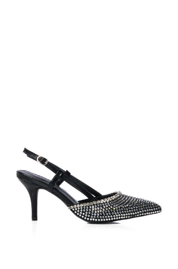 Black pointed toe kitten heels with shiny rhinestone detail
