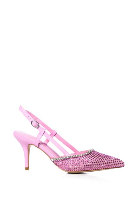 baby pink kitten heels with a pointed toe and shiny rhinestone detail