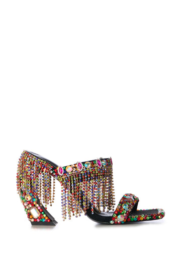 black faux leather open toe slip on heels embellished with colorful rhinestones and draped with crystal embellished chains