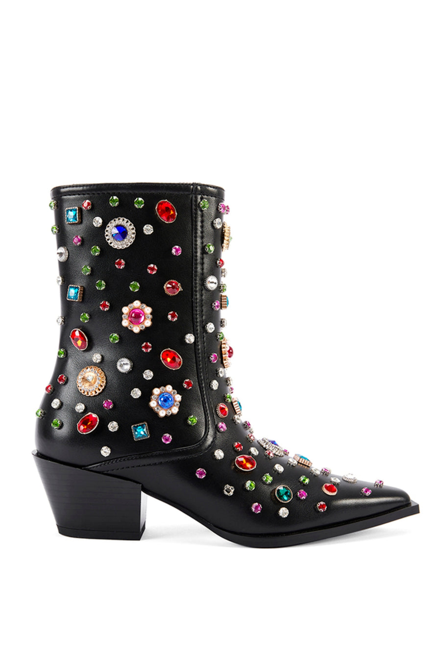 black faux leather western bootie with classic cowboy bootie silhouette and multicolored rhinestone gem embellished accents