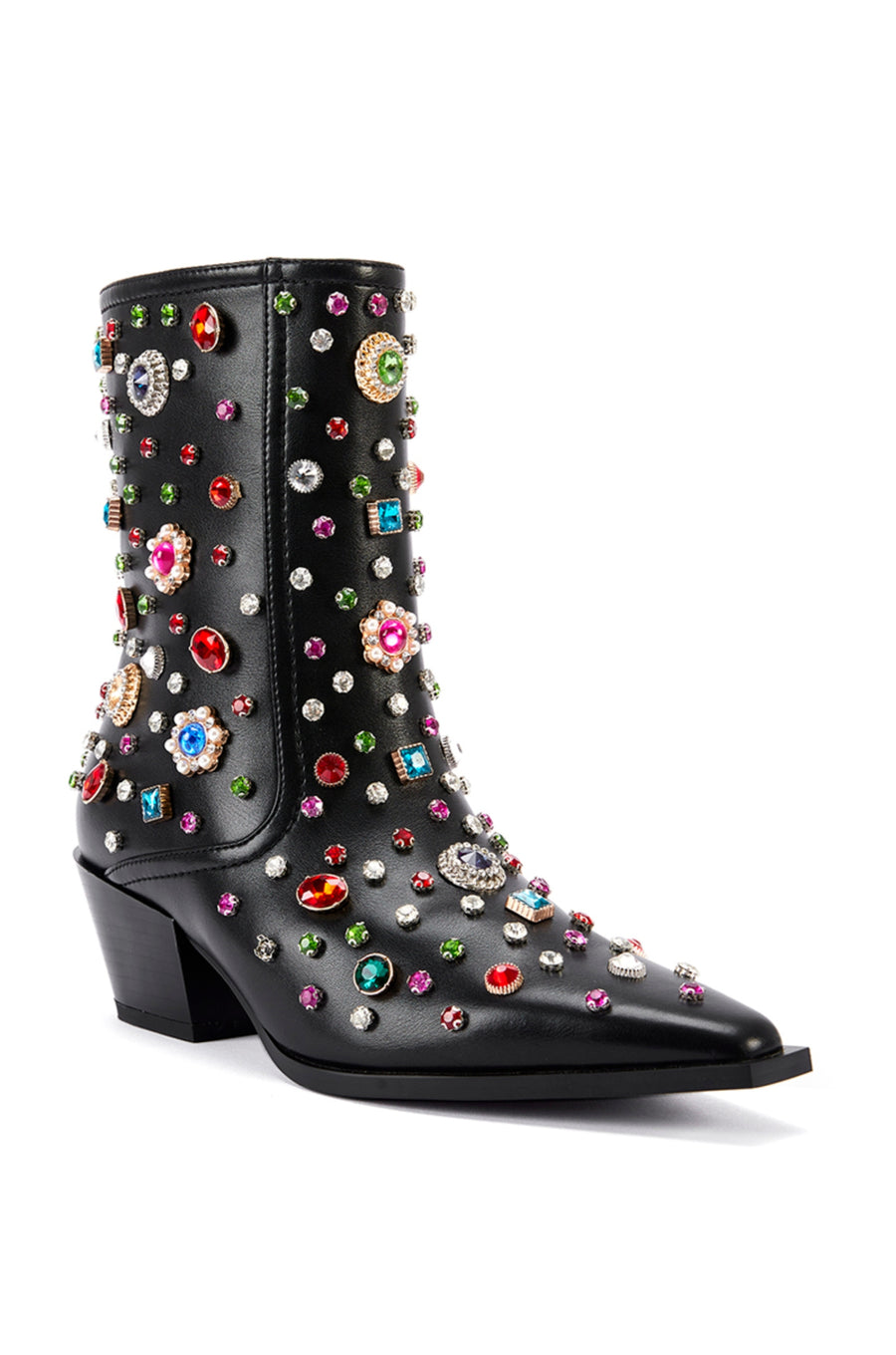 angled view of black faux leather western bootie with classic cowboy bootie silhouette and multicolored rhinestone gem embellished accents