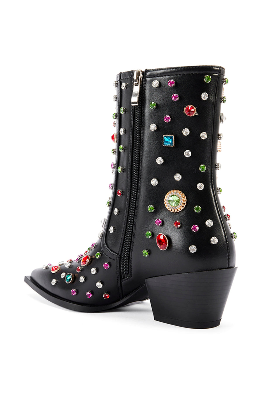 back view of black faux leather western bootie with classic cowboy bootie silhouette and multicolored rhinestone gem embellished accents