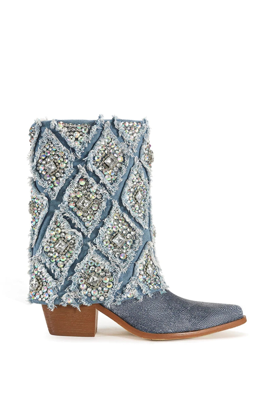 denim statement western boot with a patterned, rhinestone embellished distressed denim  fold over accent 