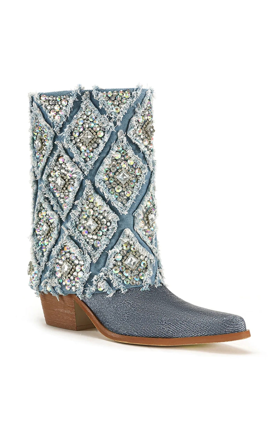 angled view of denim statement western boot with a patterned, rhinestone embellished distressed denim  fold over accent 
