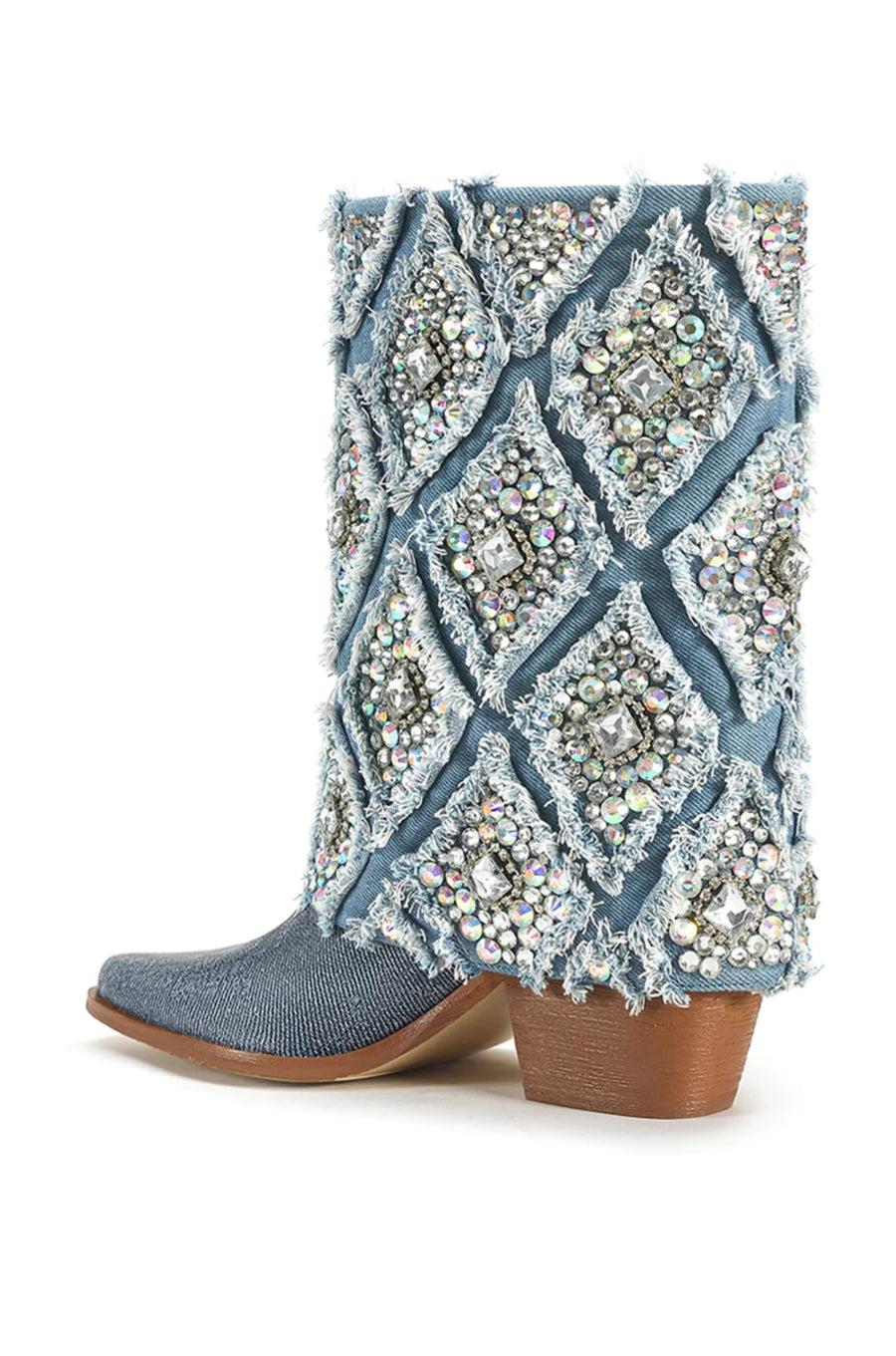 back view of denim statement western boot with a patterned, rhinestone embellished distressed denim  fold over accent 