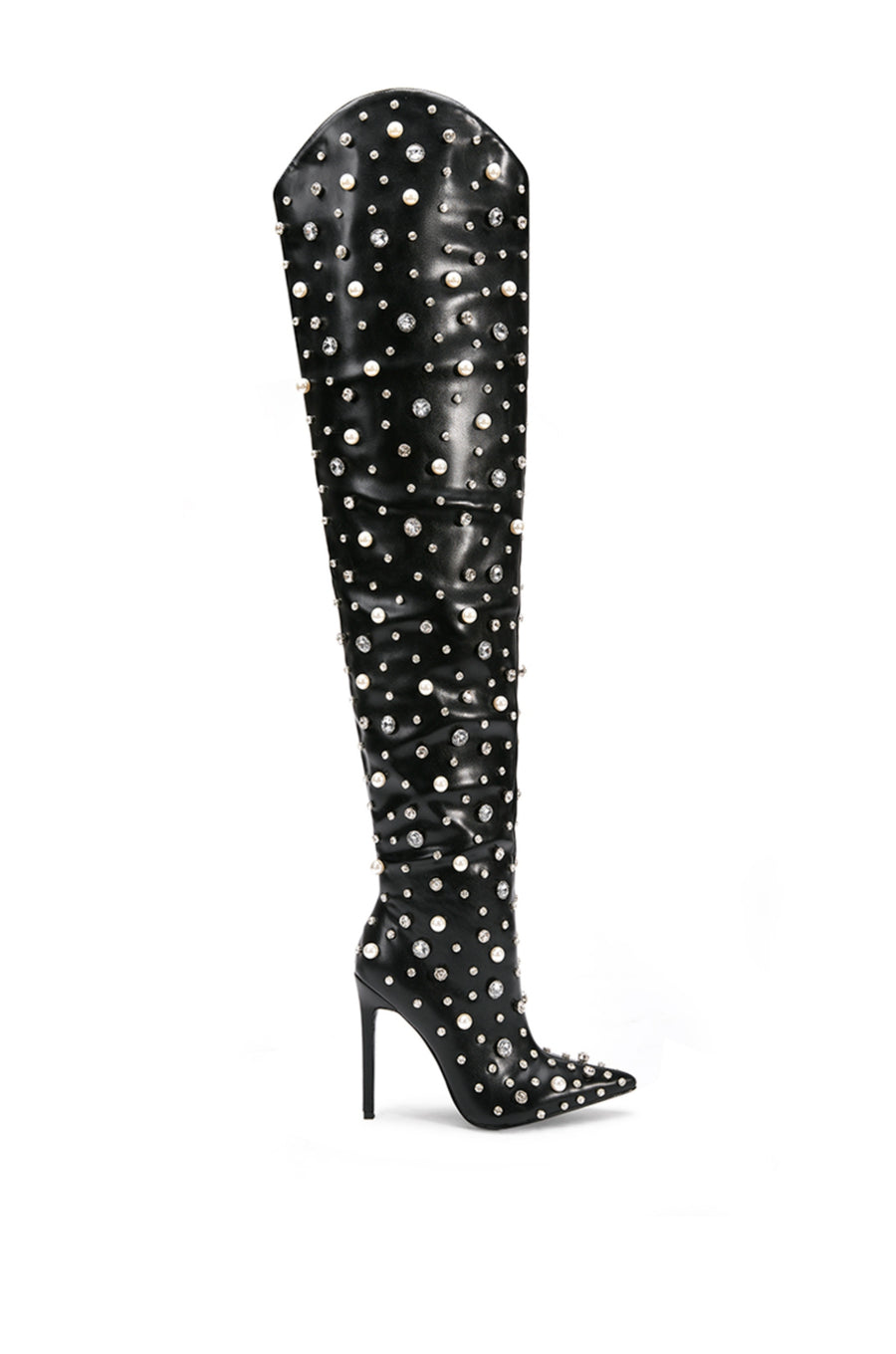 side view of black faux leather thigh high pointed toe stiletto boots embellished with scattered pearls and crystals