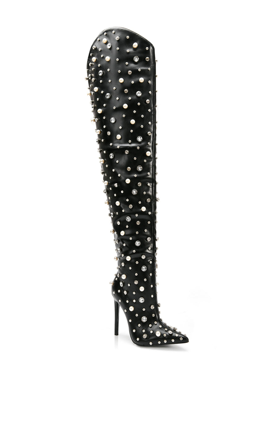 angled view of black faux leather thigh high pointed toe stiletto boots embellished with scattered pearls and crystals