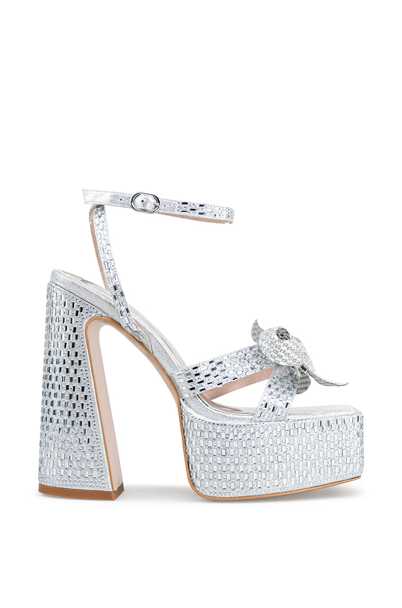 Platform metallic Silver open toe heels with accent detail on front