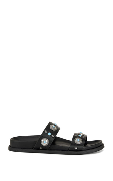 black faux leather open toe flat sandals with two foot straps embellished with turquoise and silver studded accents