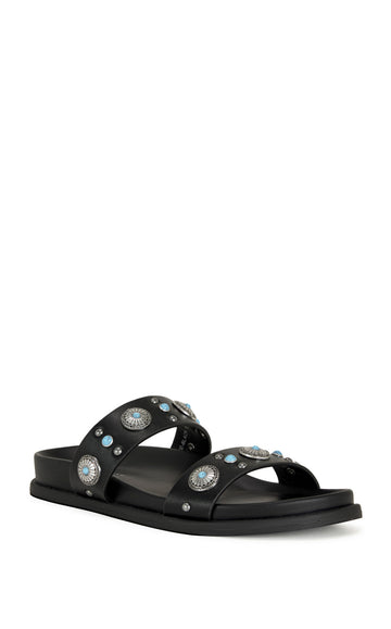 black faux leather open toe flat sandals with two foot straps embellished with turquoise and silver studded accents