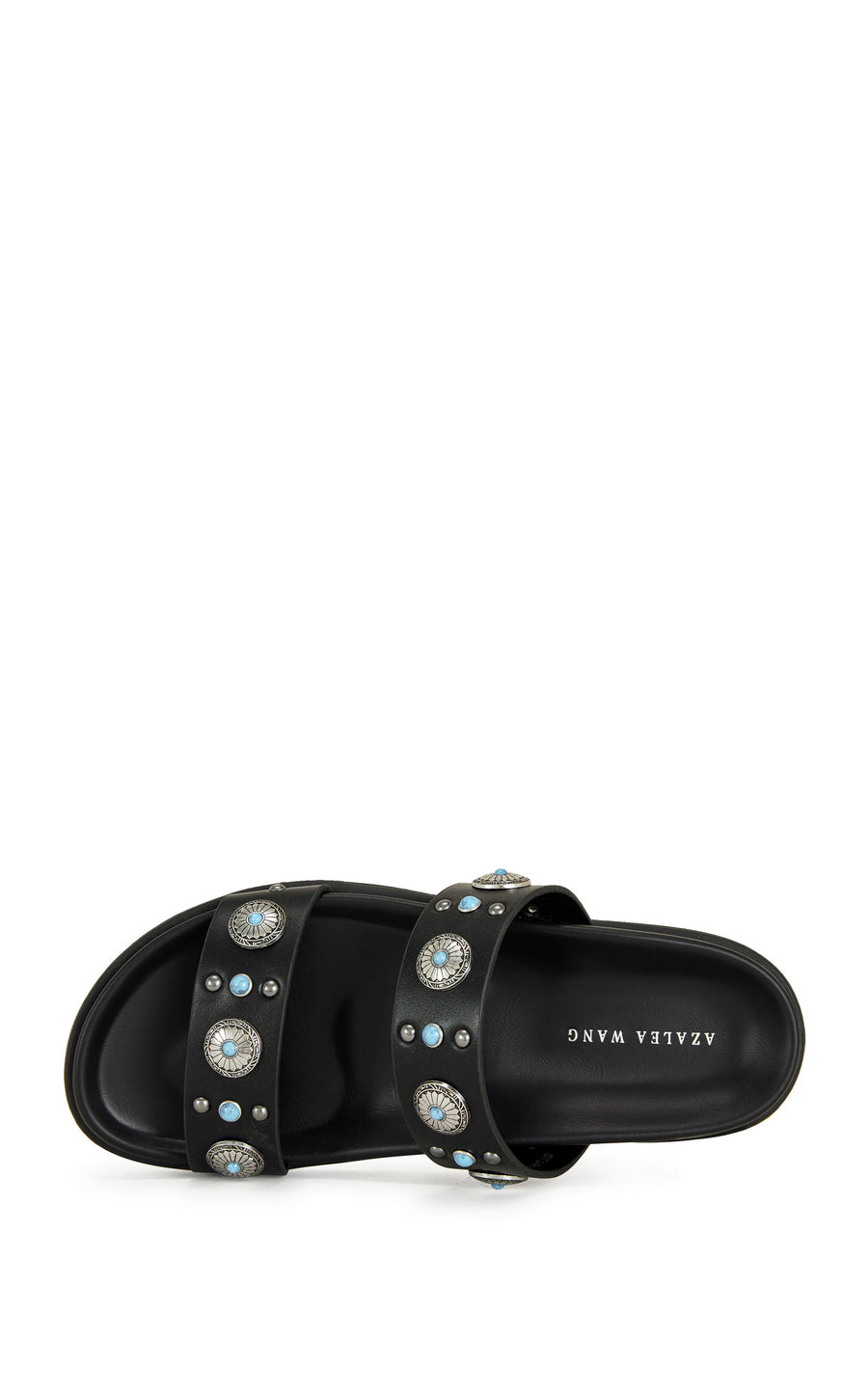 black faux leather open toe flat sandals with two foot straps embellished with turquoise and silver studded accents