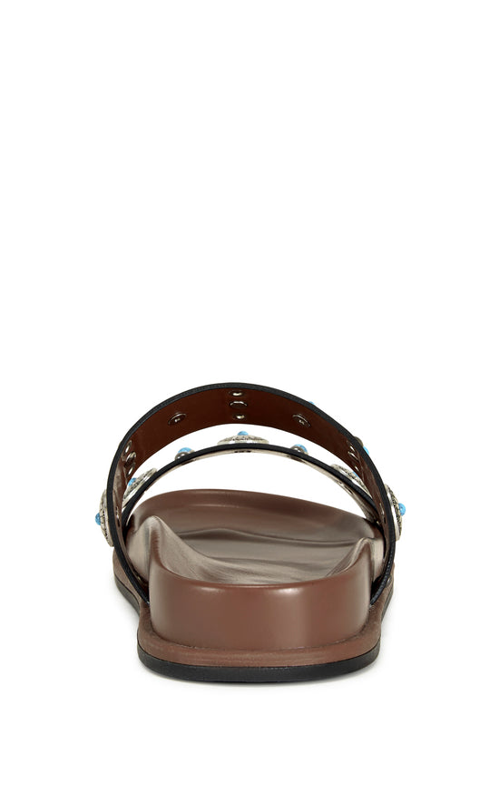 brown faux leather open toe flat sandals with two foot straps embellished with turquoise and silver studded accents