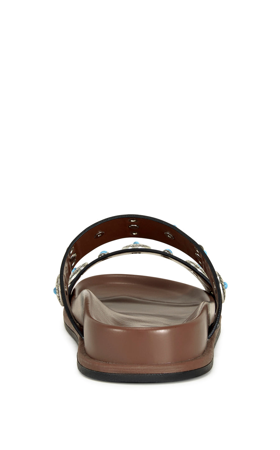 brown faux leather open toe flat sandals with two foot straps embellished with turquoise and silver studded accents