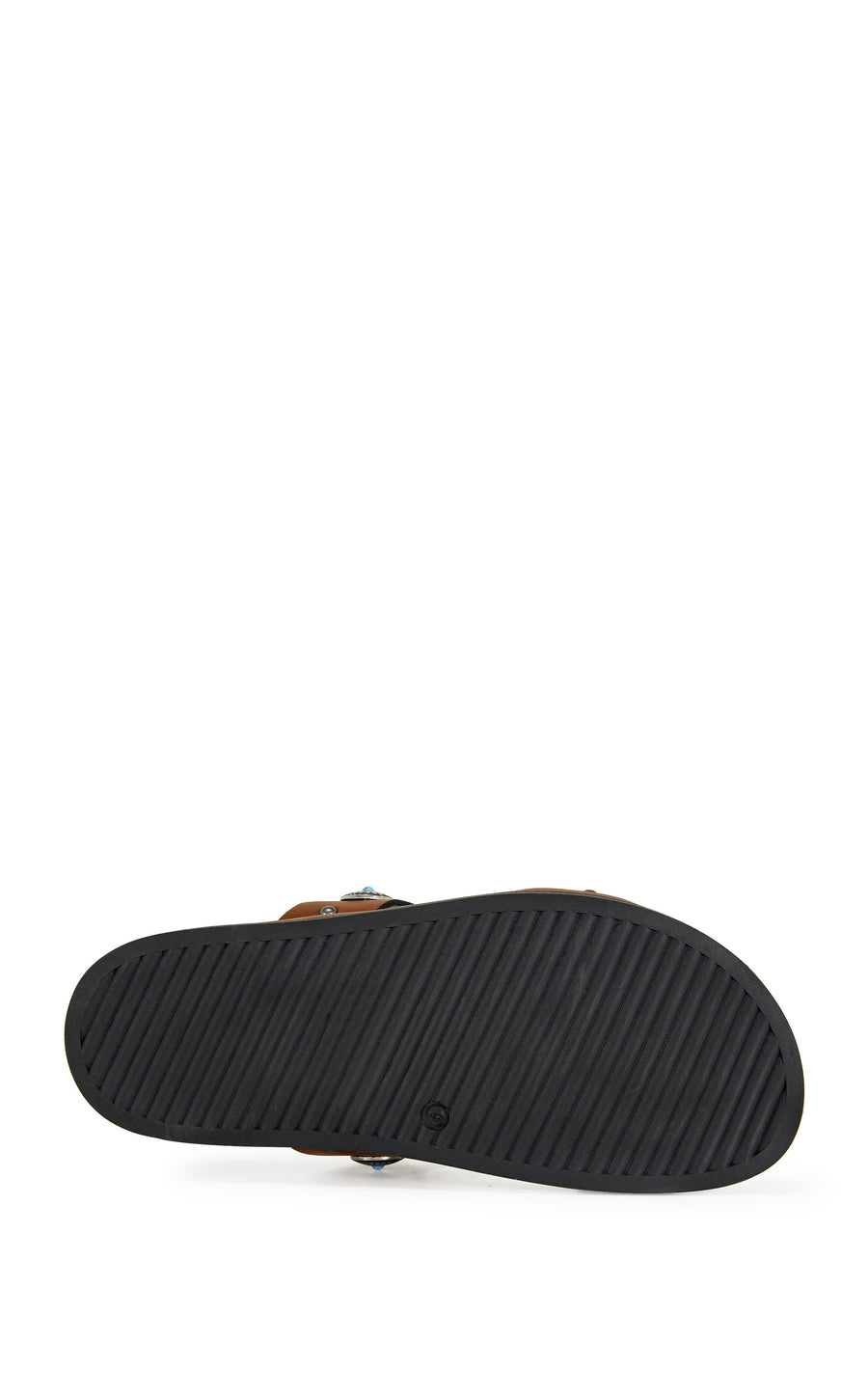 brown faux leather open toe flat sandals with two foot straps embellished with turquoise and silver studded accents