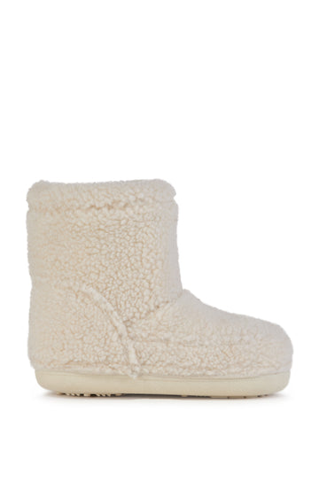 cozy white faux sherpa ankle booties with a rounded toe and a subtle platform sole