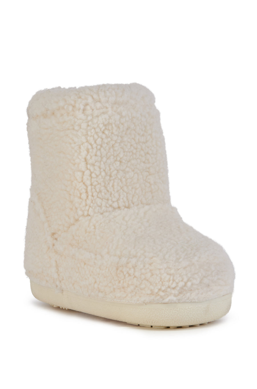 cozy white faux sherpa ankle booties with a rounded toe and a subtle platform sole