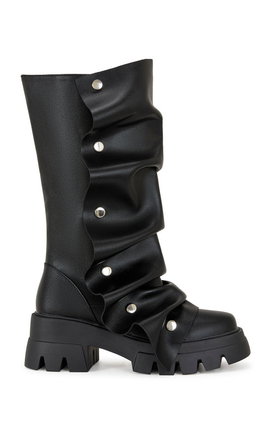 black faux leather chunky mid calf length boots with a faux leather snap button overlay that can be manipulated into different shapes
