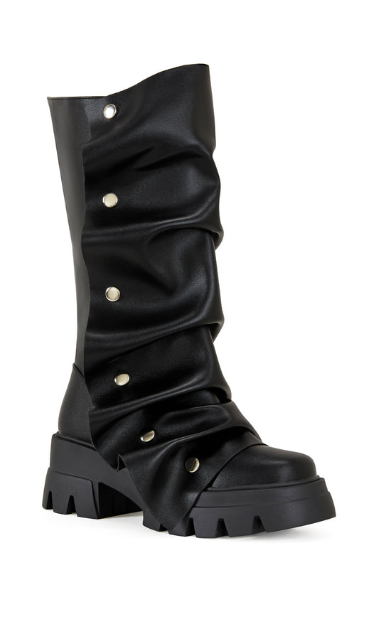 black faux leather chunky mid calf length boots with a faux leather snap button overlay that can be manipulated into different shapes