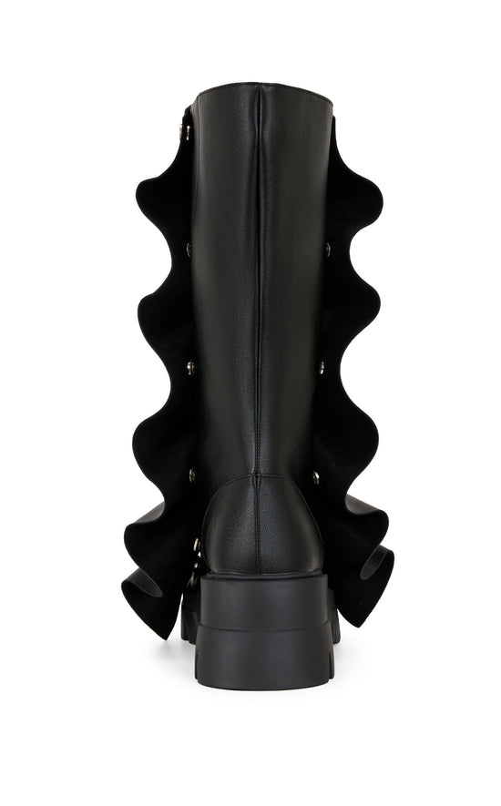 black faux leather chunky mid calf length boots with a faux leather snap button overlay that can be manipulated into different shapes