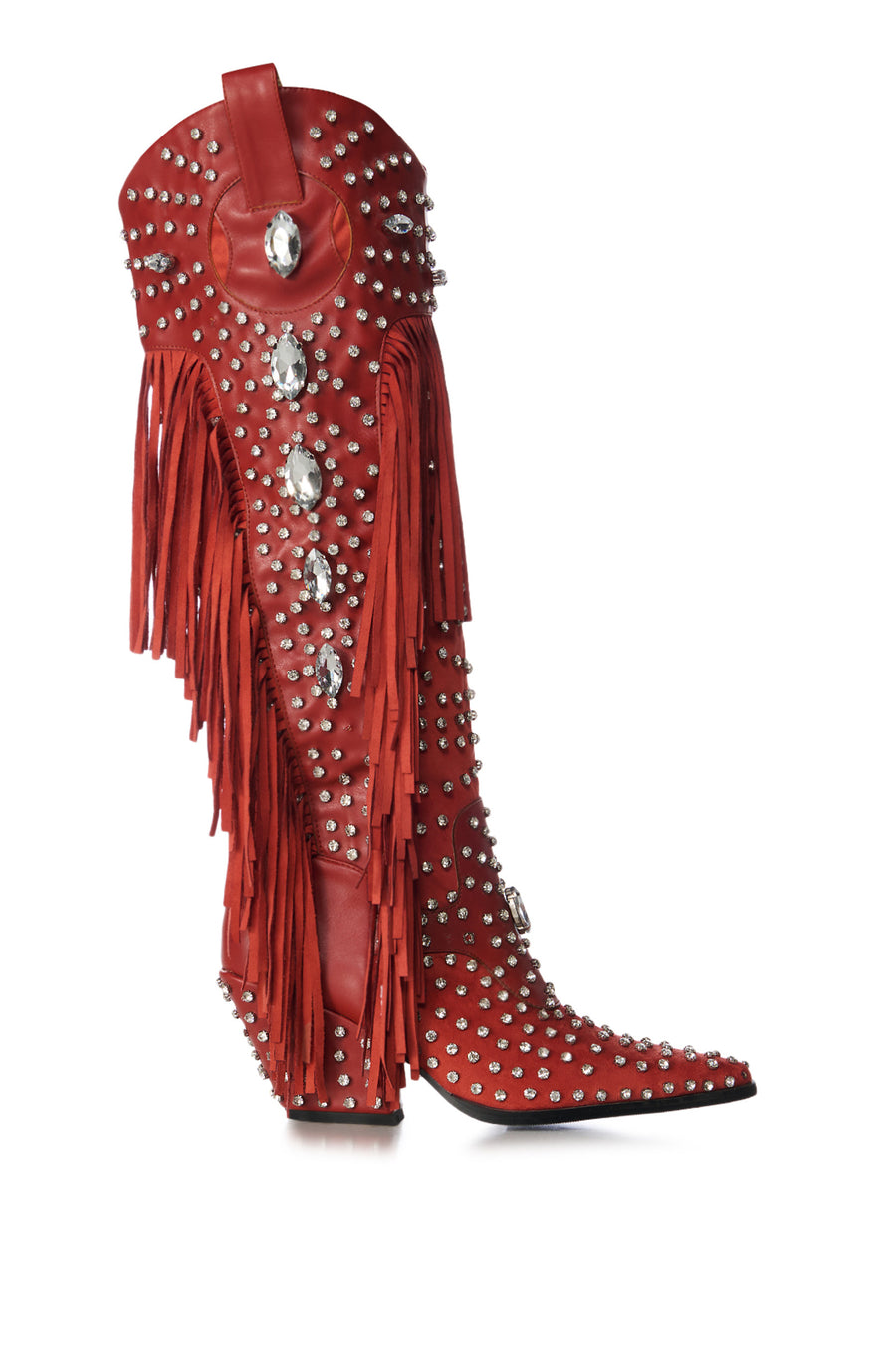 red faux leather statement western boots with fringe accents along the sides and crystal rhinestones on the upper and shaft