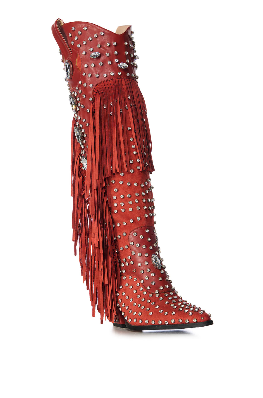 red faux leather statement western boots with fringe accents along the sides and crystal rhinestones on the upper and shaft