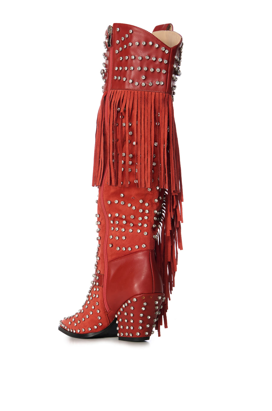 red faux leather statement western boots with fringe accents along the sides and crystal rhinestones on the upper and shaft