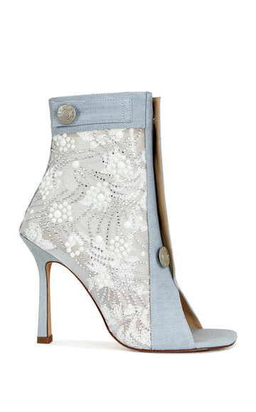 baby blue peep toe stiletto booties with a button up closure and mesh panels with a rhinestone studded pattern