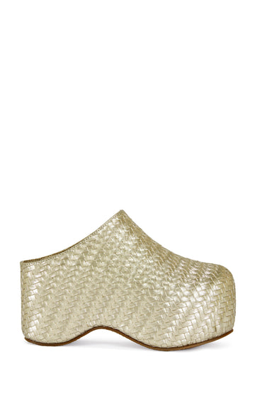 metallic weaved faux leather statement slip on platform clogs