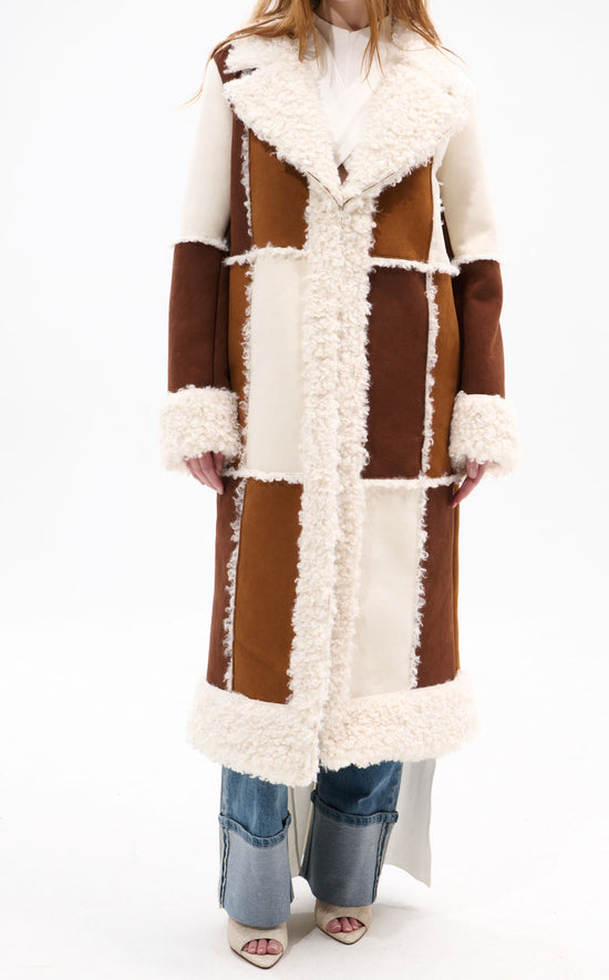 TELLURIDE-TAN FAUX FUR PATCHWORK SHEARLING COAT