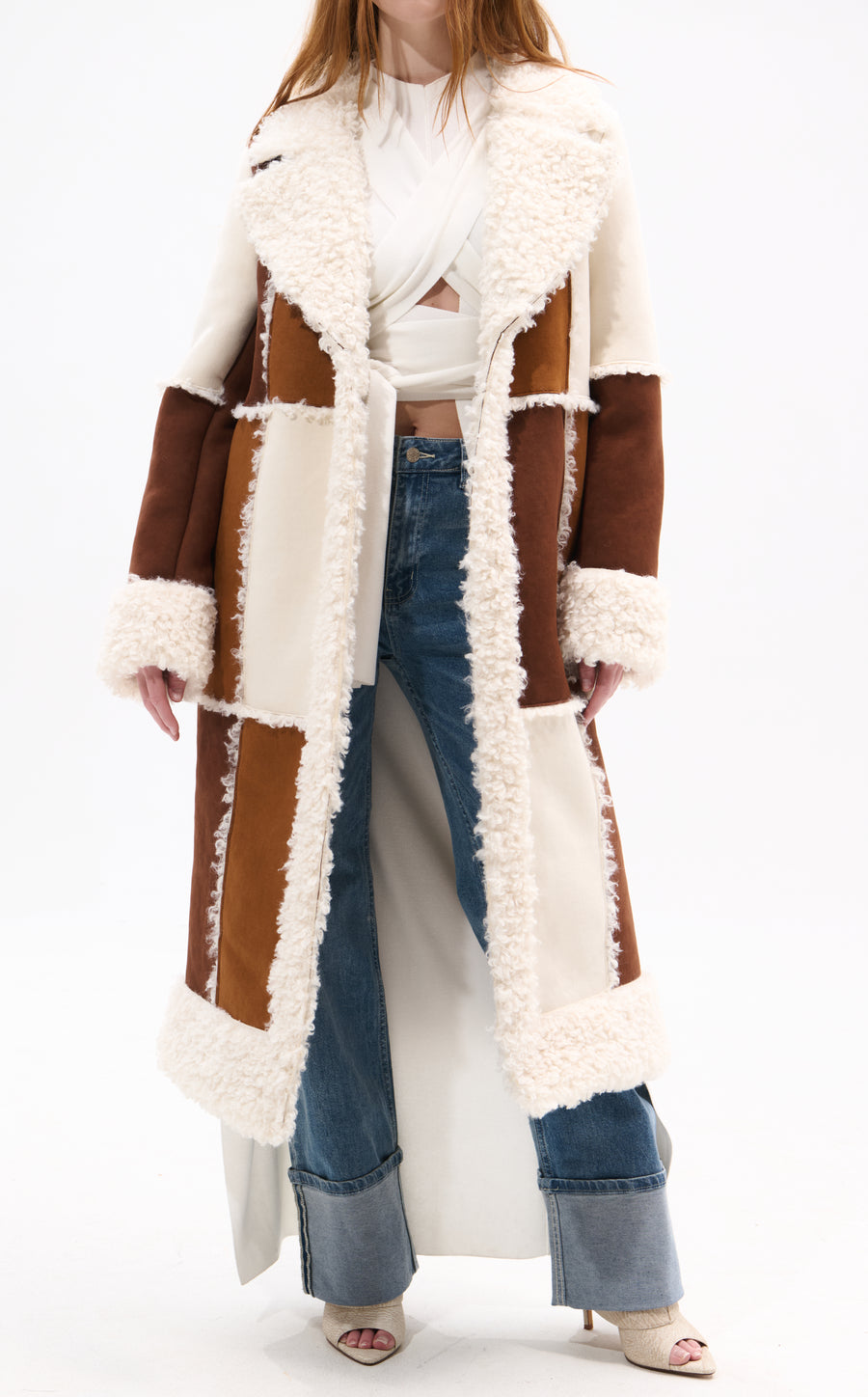 TELLURIDE-TAN FAUX FUR PATCHWORK SHEARLING COAT