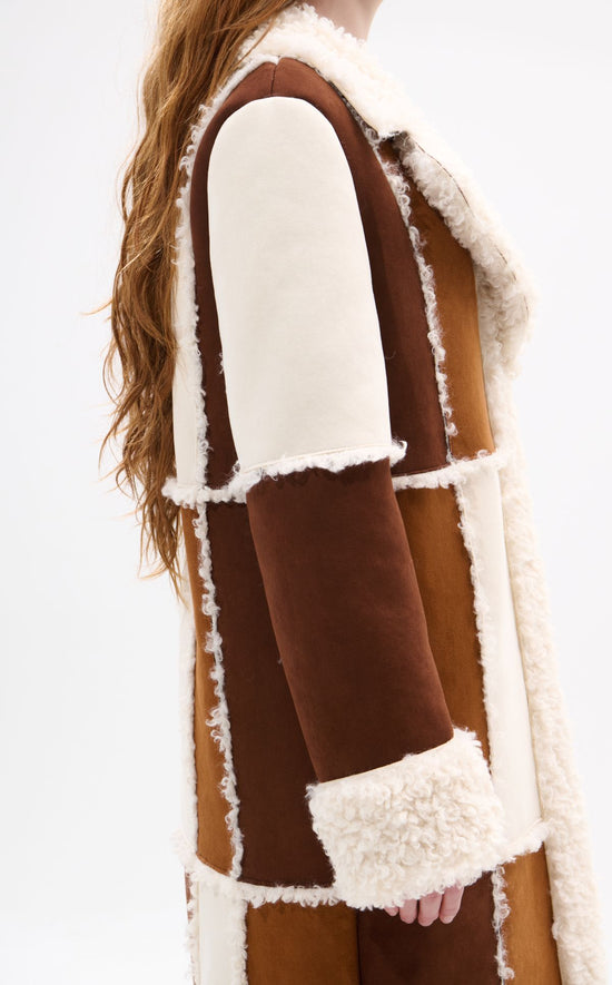 TELLURIDE-TAN FAUX FUR PATCHWORK SHEARLING COAT
