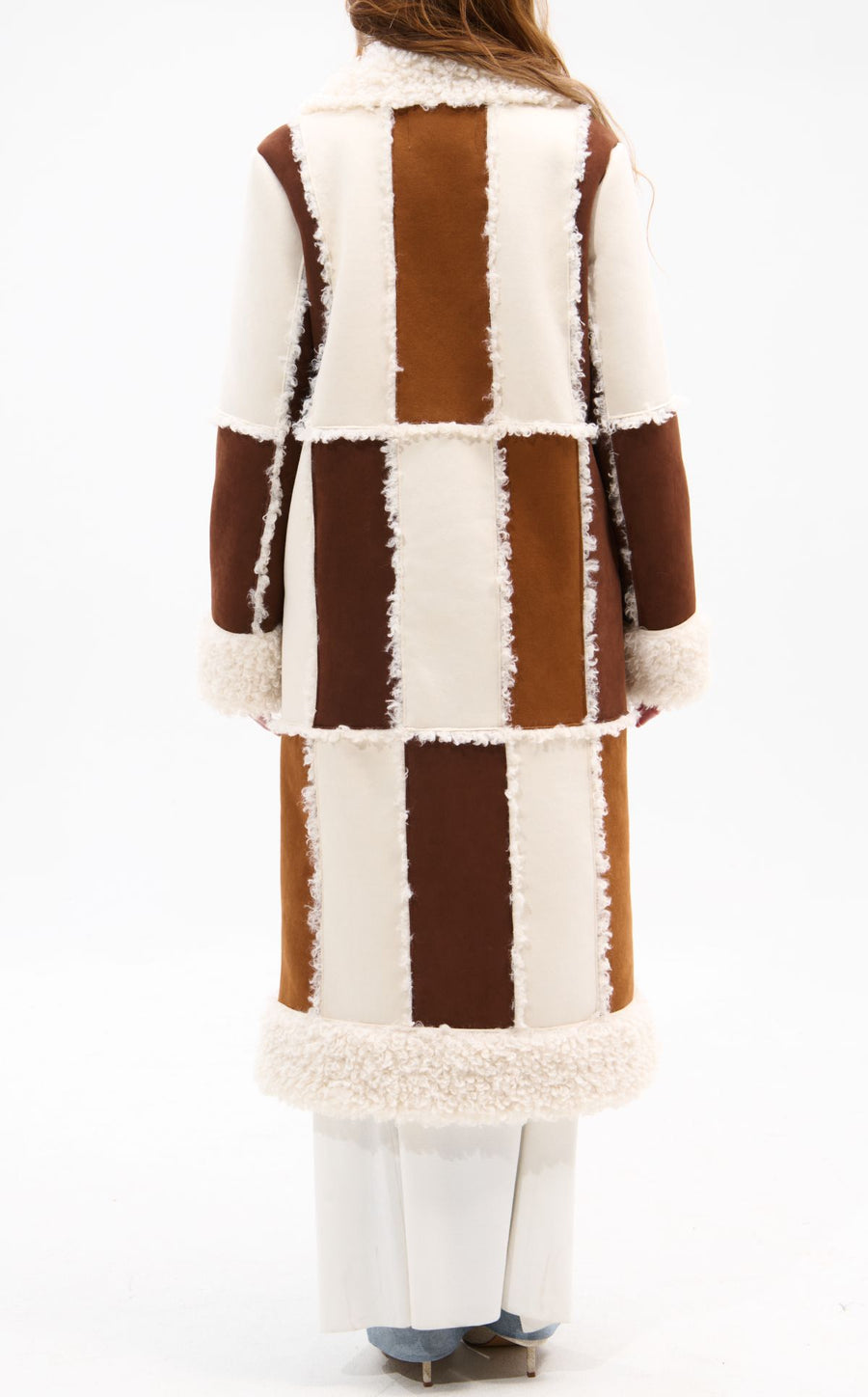 TELLURIDE-TAN FAUX FUR PATCHWORK SHEARLING COAT