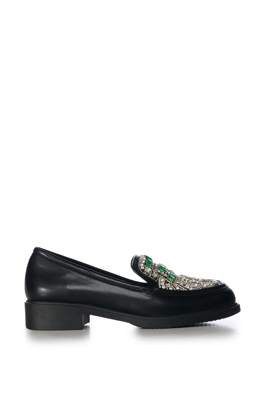 black faux leather loafers with a very subtle heel and a silver and green crystal embellished upper